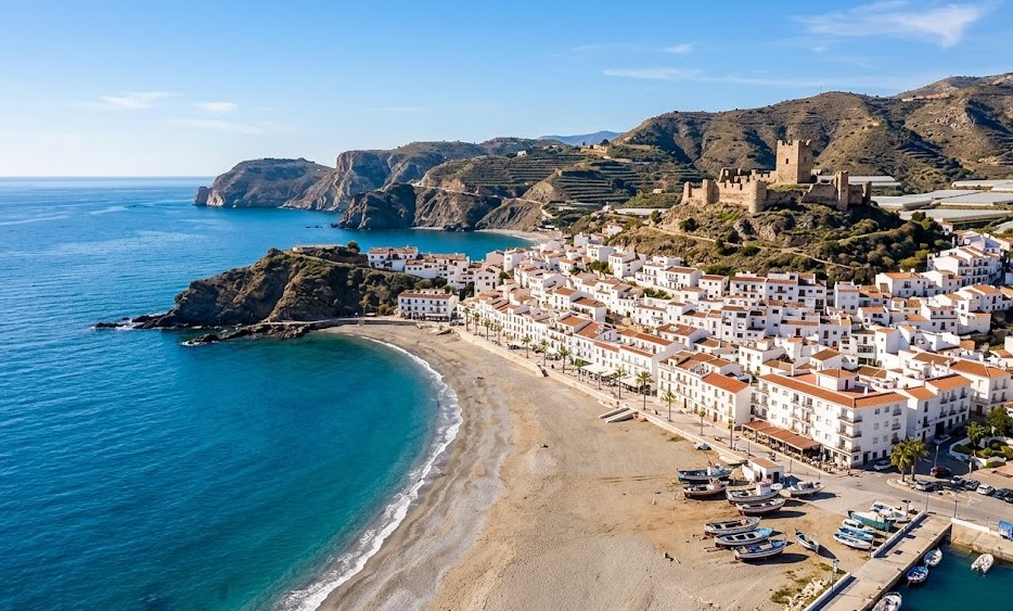 Vista de la playa y el pueblo de Castell de Ferro Granada